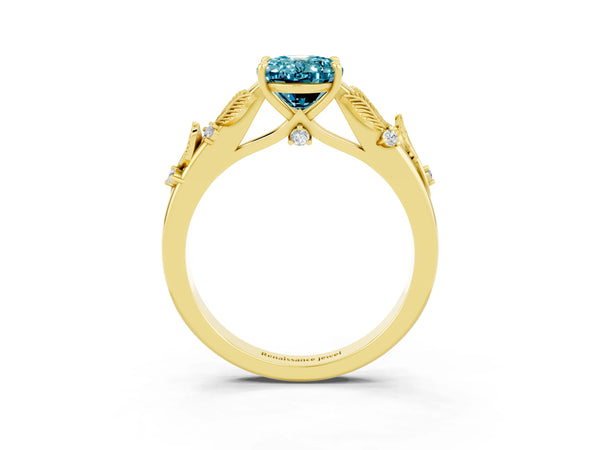 Yellow gold Oval Cut Blue Topaz Solitaire Ring with Leaf Motif Band and Four-Prong Setting
