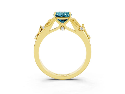 Yellow gold Oval Cut Blue Topaz Solitaire Ring with Leaf Motif Band and Four-Prong Setting_3