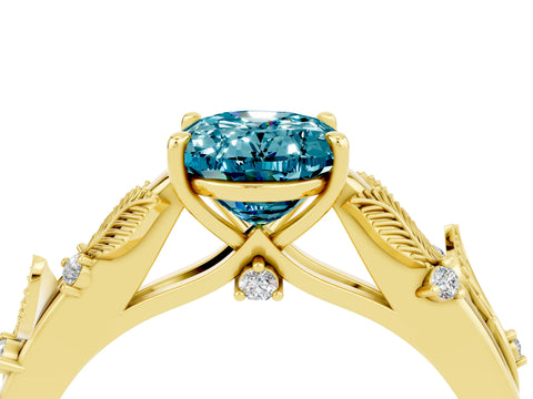 Yellow gold Oval Cut Blue Topaz Solitaire Ring with Leaf Motif Band and Four-Prong Setting_4