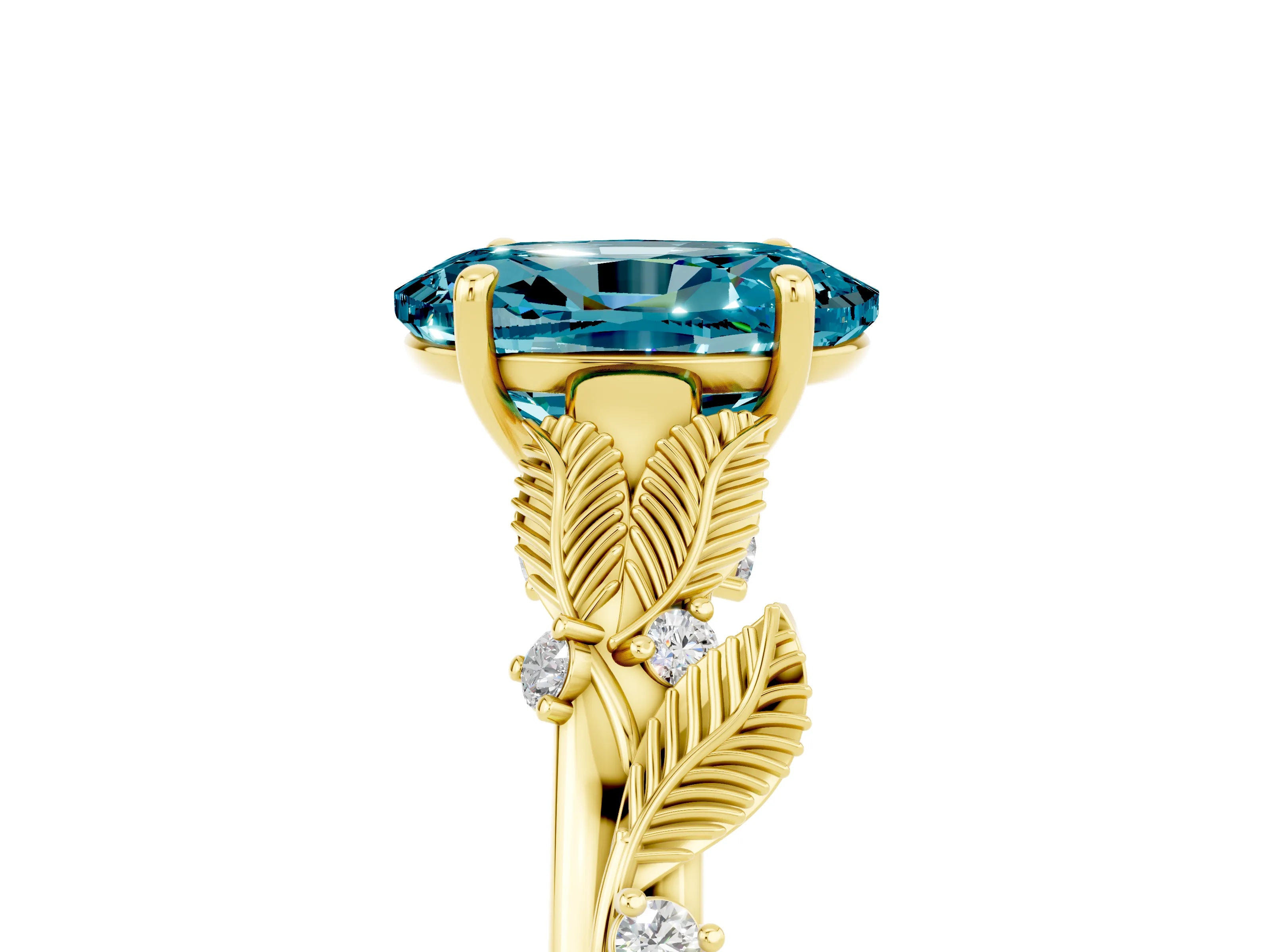 Yellow gold Oval Cut Blue Topaz Solitaire Ring with Leaf Motif Band and Four-Prong Setting_5