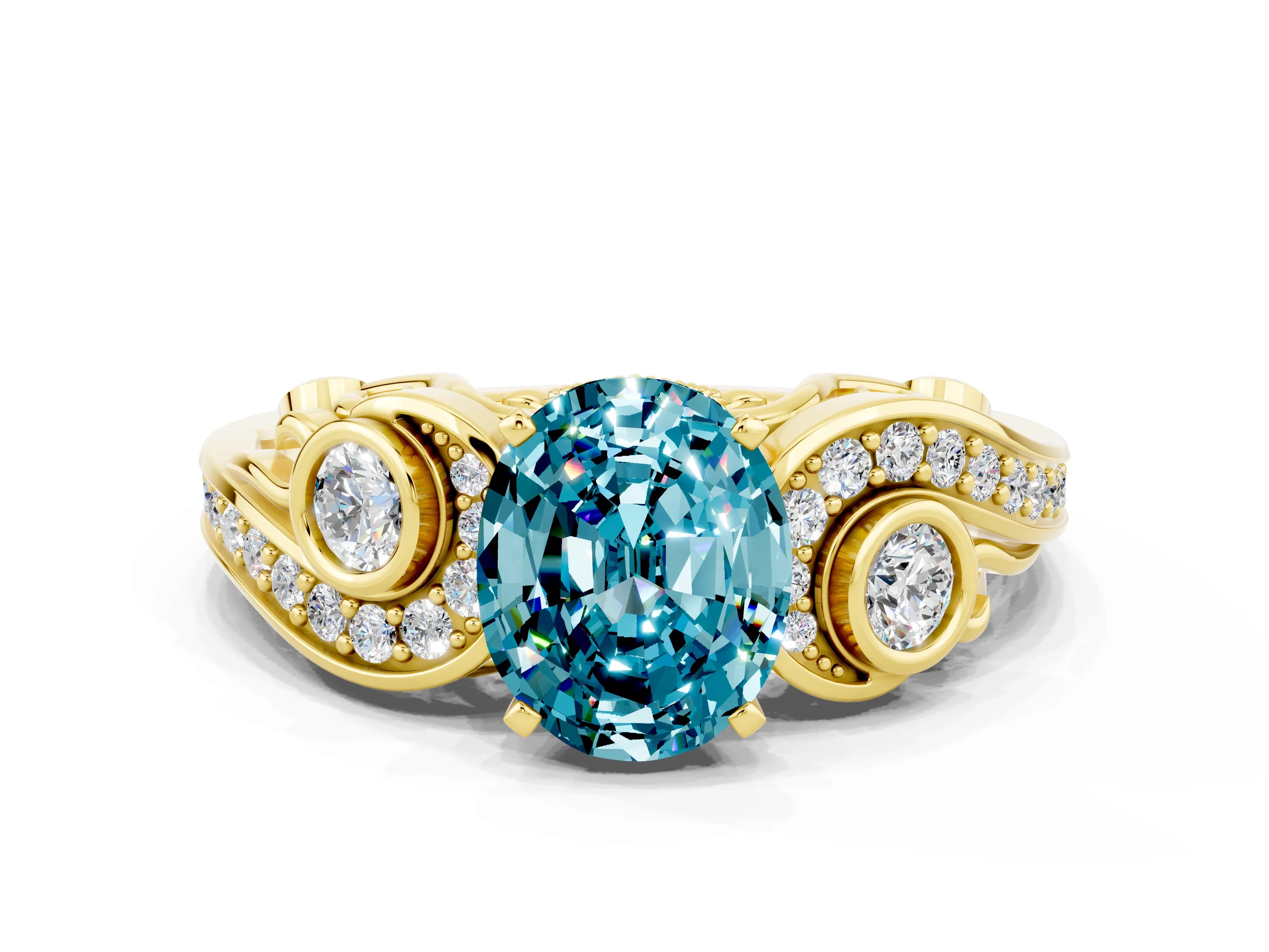 Yellow gold Oval Cut Blue Topaz Solitaire Ring with Milgrain Pavé Band and Four-Prong Setting_24