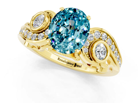 Yellow gold Oval Cut Blue Topaz Solitaire Ring with Milgrain Pavé Band and Four-Prong Setting_25