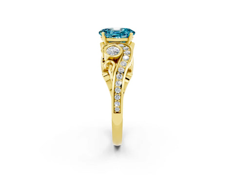 Yellow gold Oval Cut Blue Topaz Solitaire Ring with Milgrain Pavé Band and Four-Prong Setting_26