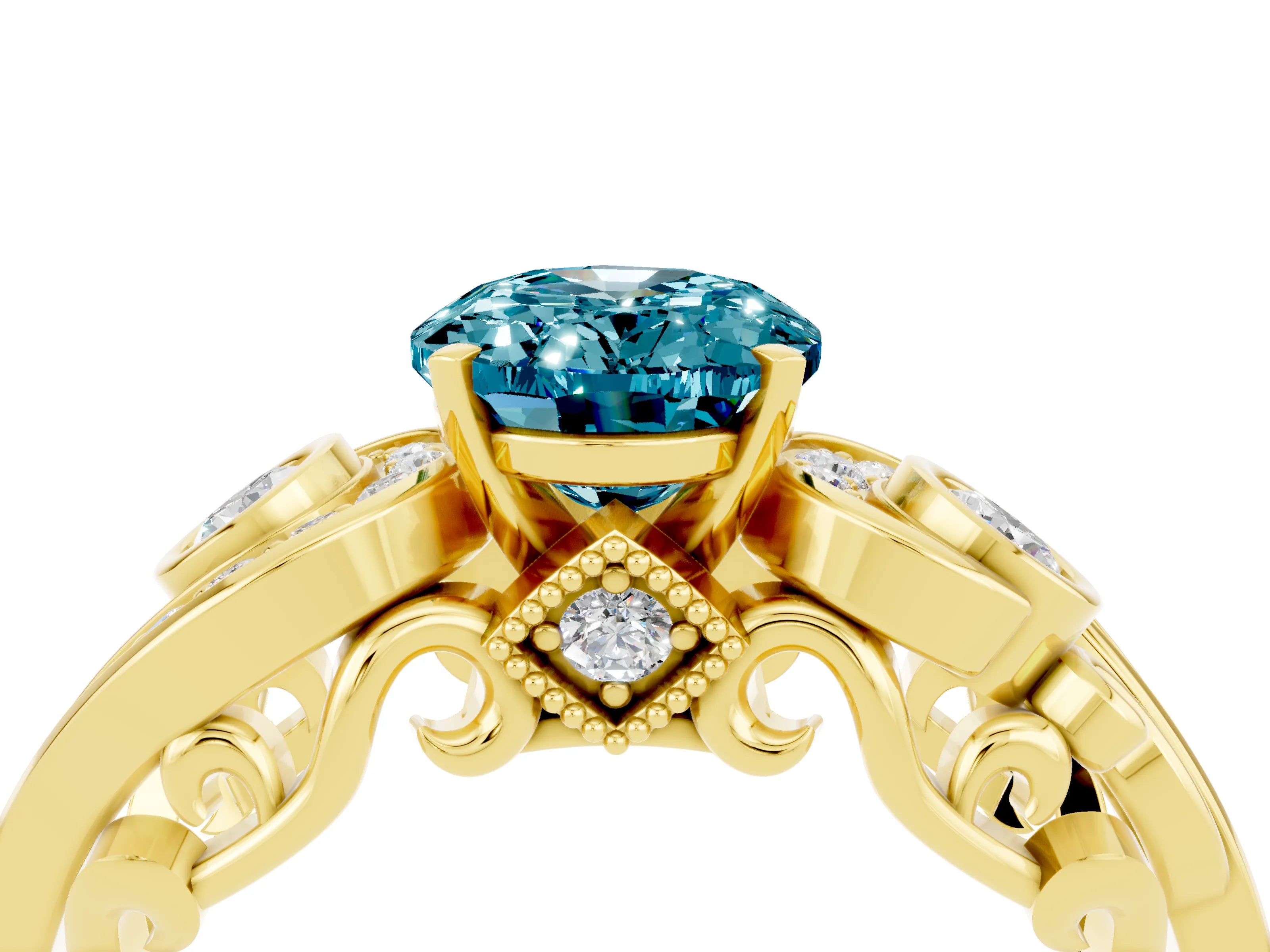 Yellow gold Oval Cut Blue Topaz Solitaire Ring with Milgrain Pavé Band and Four-Prong Setting_28