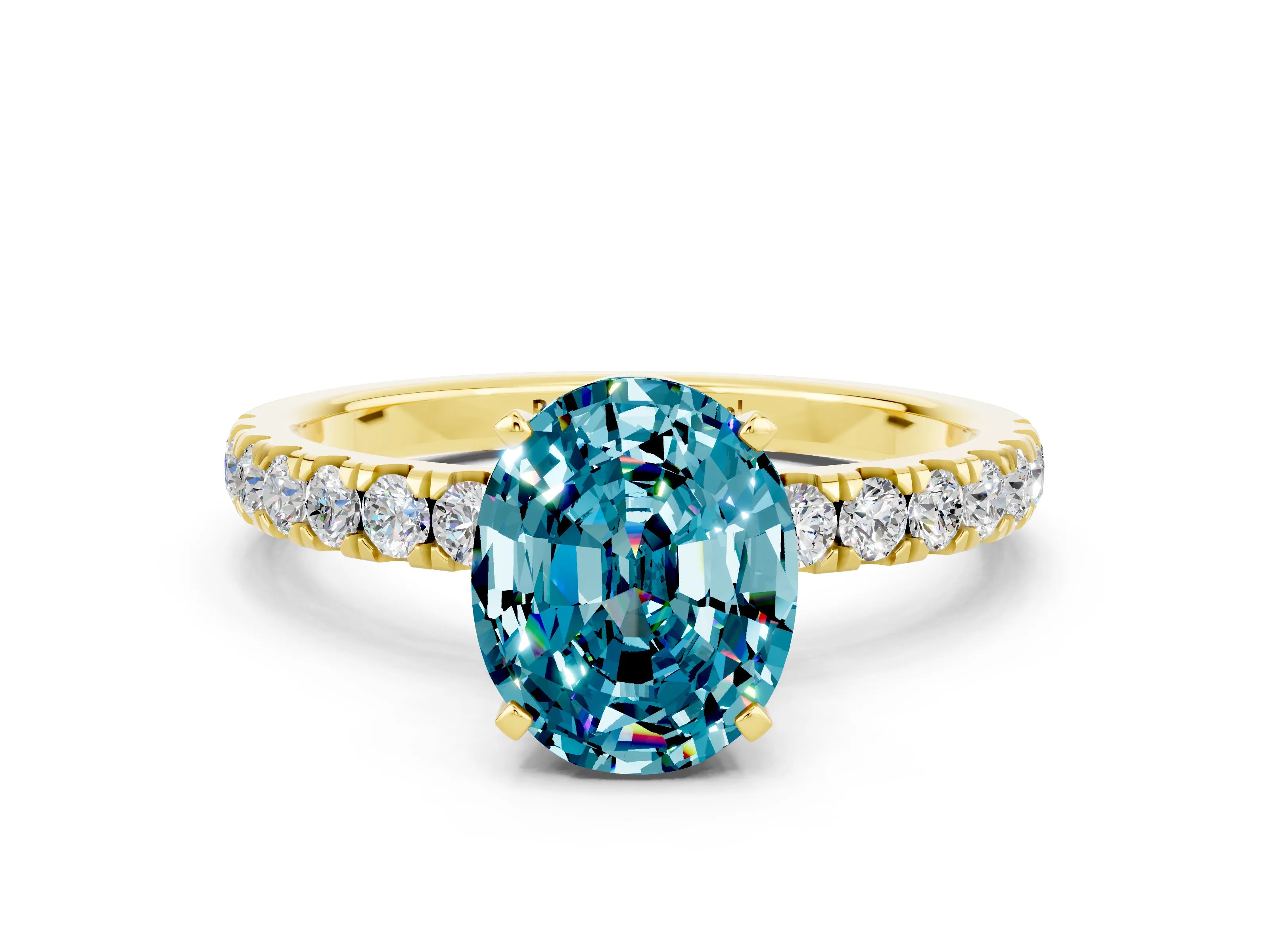 Yellow gold Oval Cut Blue Topaz Solitaire Ring with Pavé Accents and Four-Prong Setting