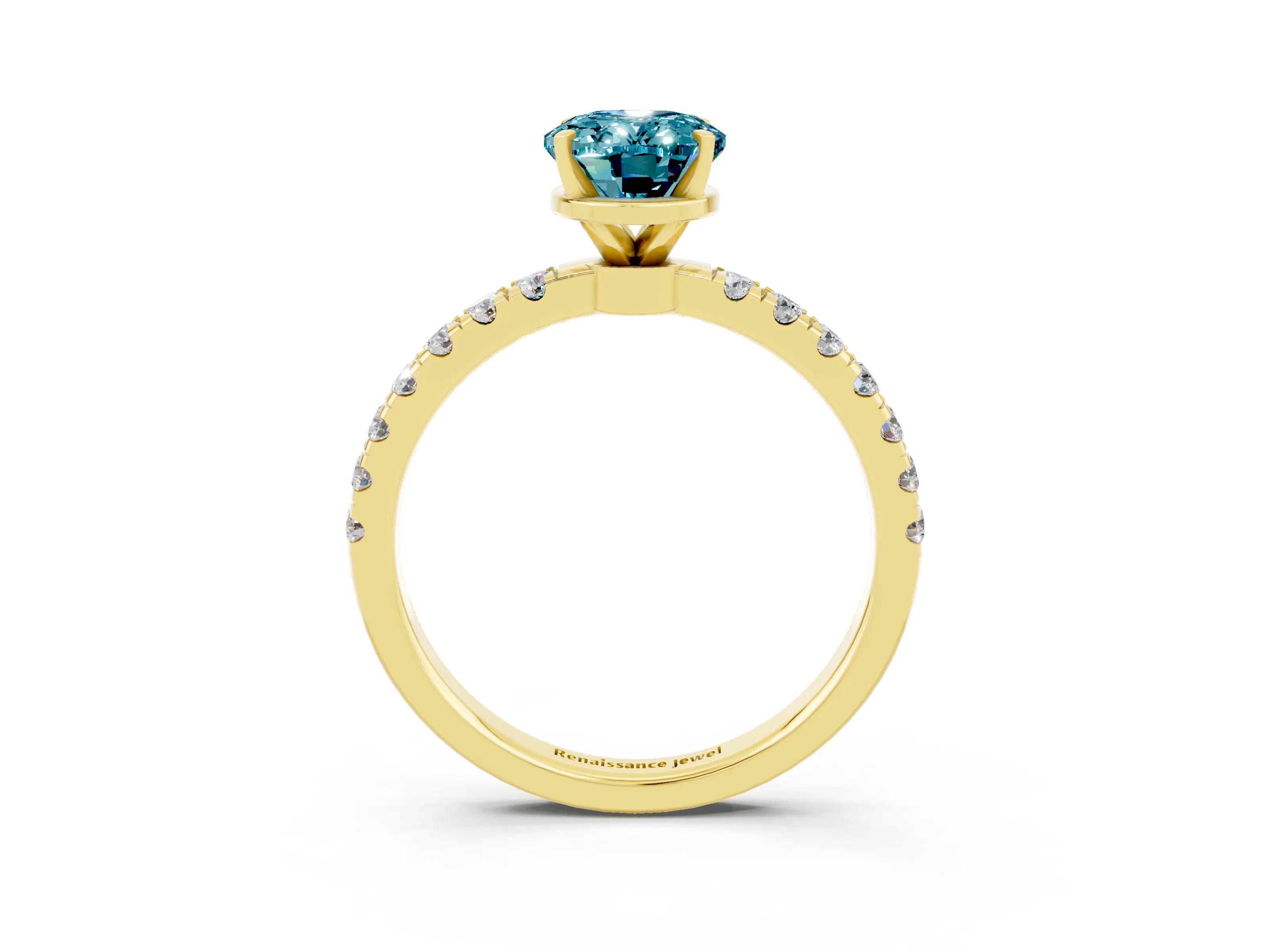 Yellow gold Oval Cut Blue Topaz Solitaire Ring with Pavé Accents and Four-Prong Setting_3
