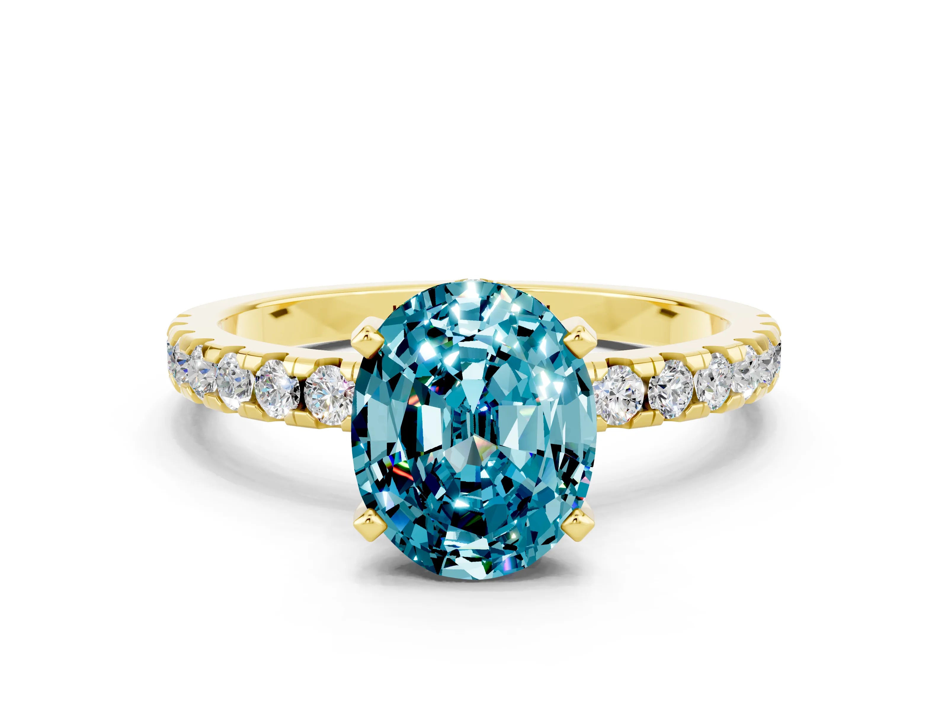 Yellow gold Oval Cut Blue Topaz Solitaire Ring with Pavé Band and Four-Prong Setting_36