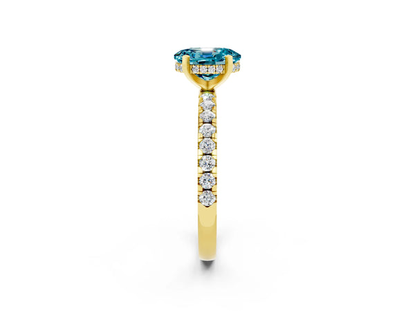 Yellow gold Oval Cut Blue Topaz Solitaire Ring with Round  Pavé Band and Four-Prong Setting