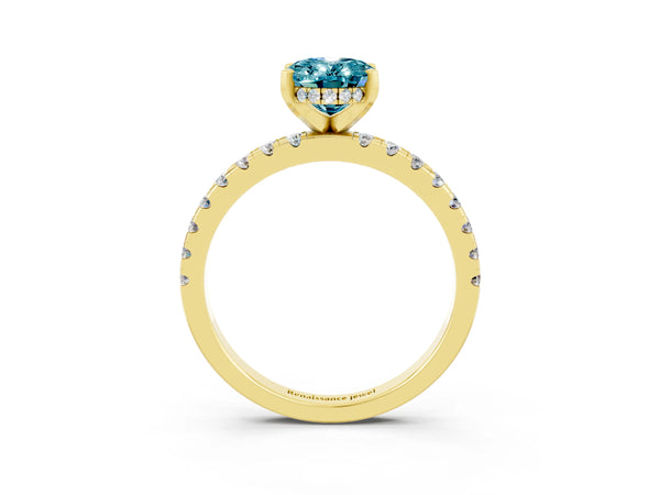 Yellow gold Oval Cut Blue Topaz Solitaire Ring with Round  Pavé Band and Four-Prong Setting