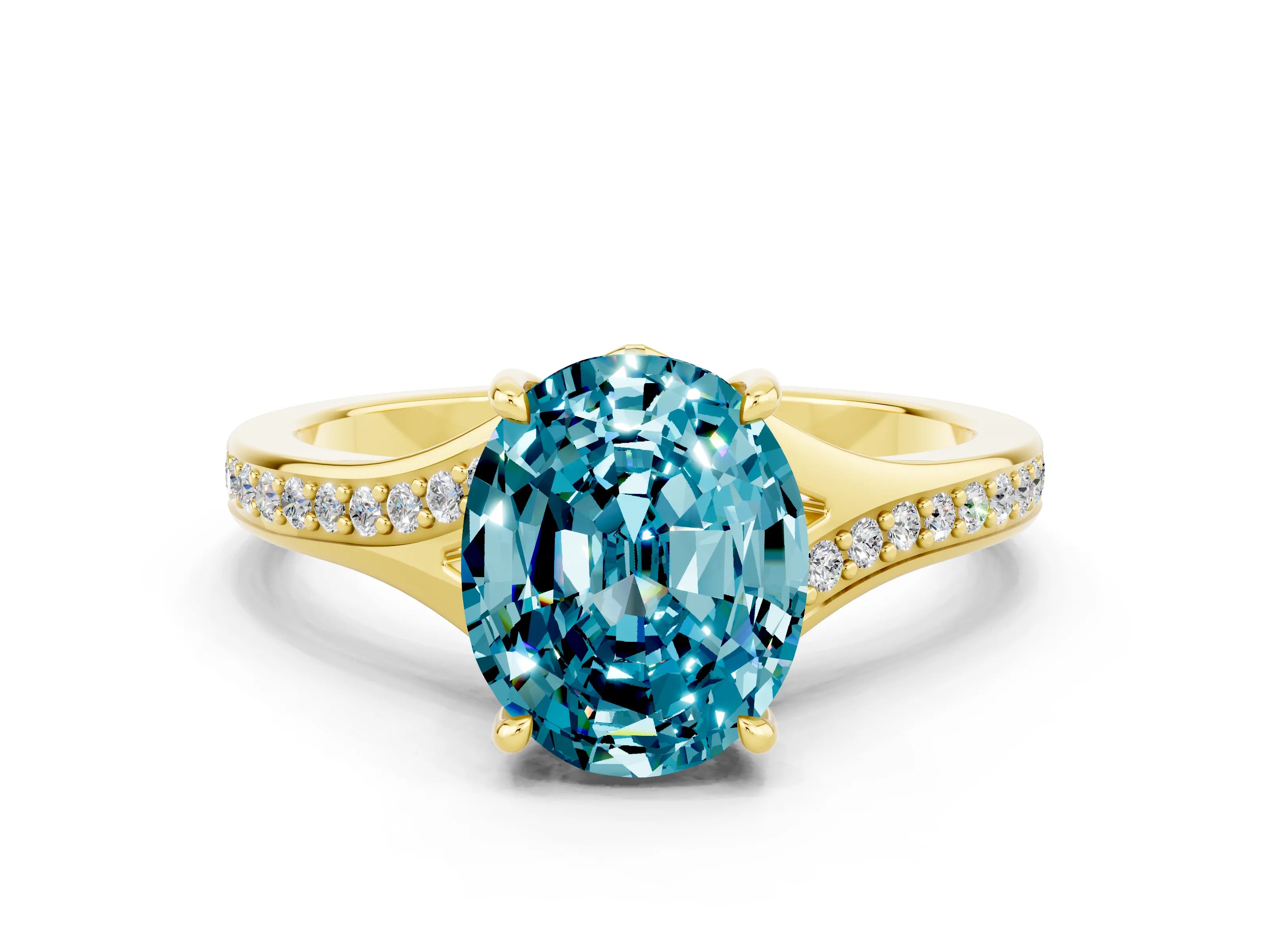 Yellow gold Oval Cut Blue Topaz Solitaire Ring with Pavé Band and Prong Setting