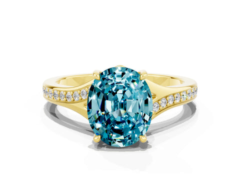 Yellow gold Oval Cut Blue Topaz Solitaire Ring with Pavé Band and Prong Setting_12