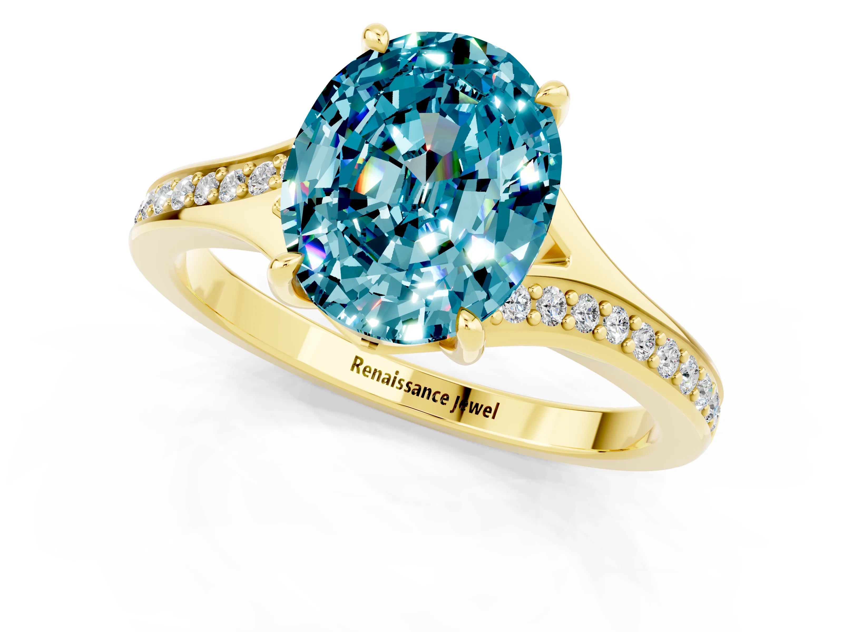 Yellow gold Oval Cut Blue Topaz Solitaire Ring with Pavé Band and Prong Setting_13