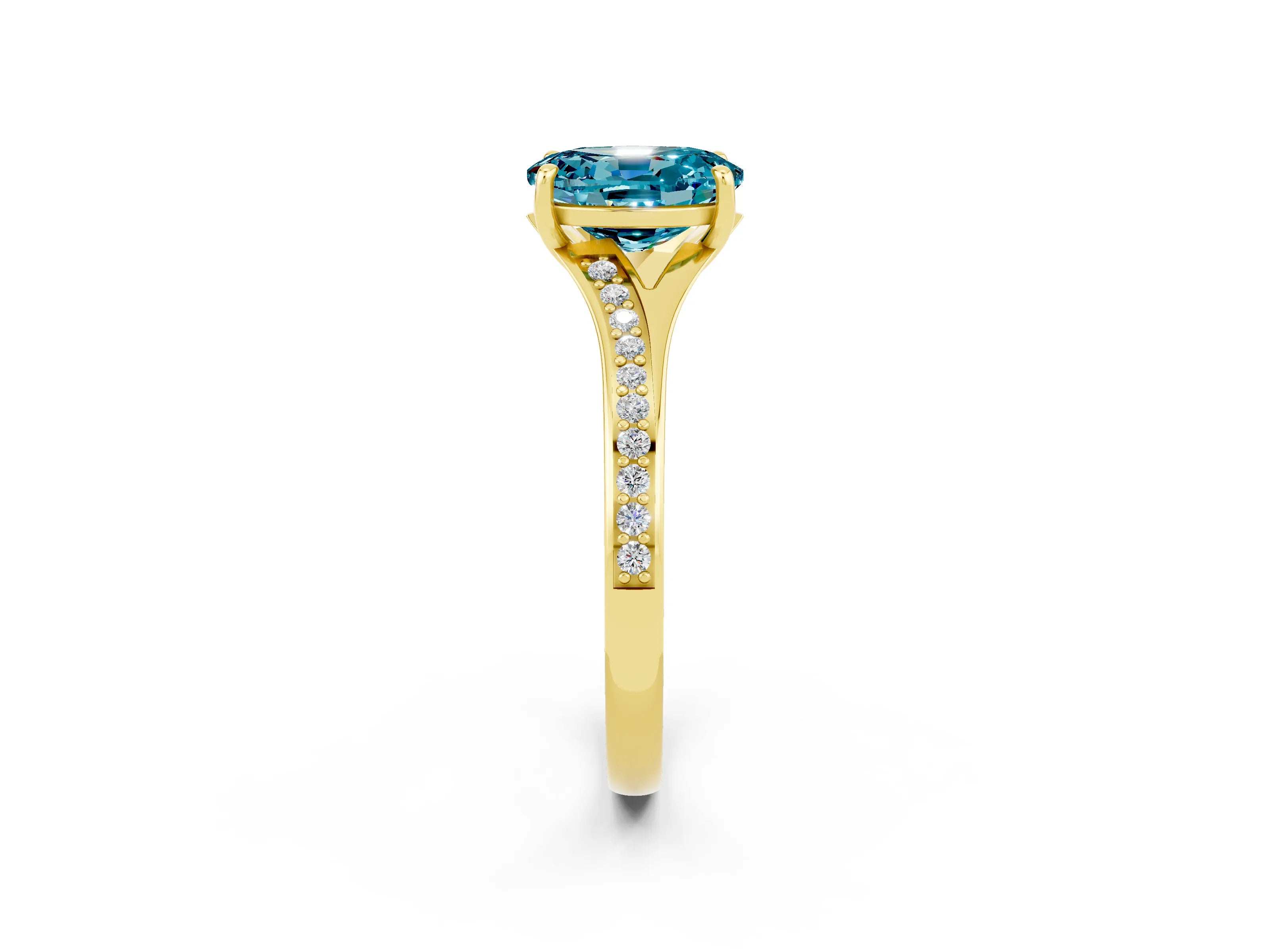 Yellow gold Oval Cut Blue Topaz Solitaire Ring with Pavé Band and Prong Setting_14