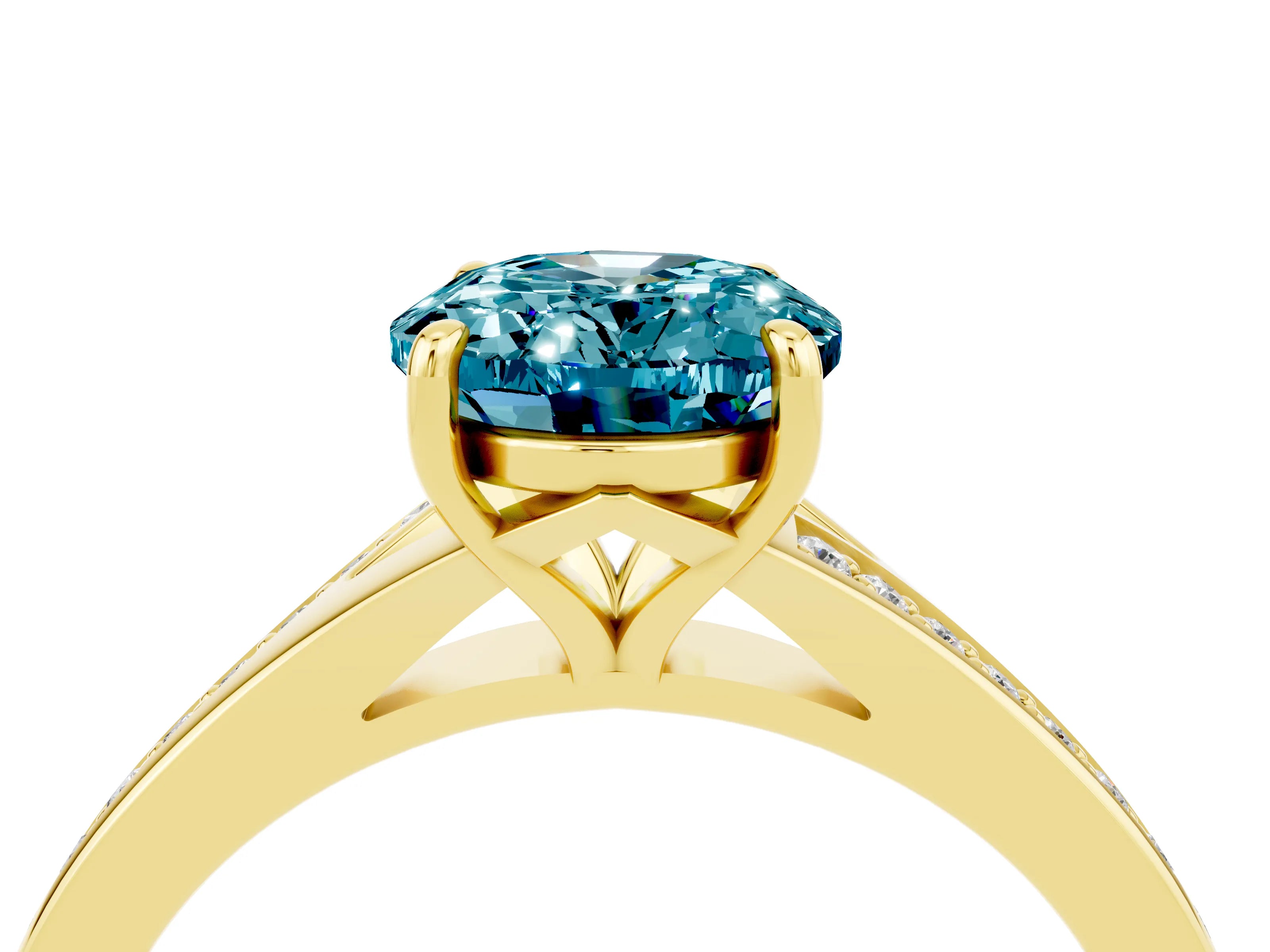 Yellow gold Oval Cut Blue Topaz Solitaire Ring with Pavé Band and Prong Setting_16