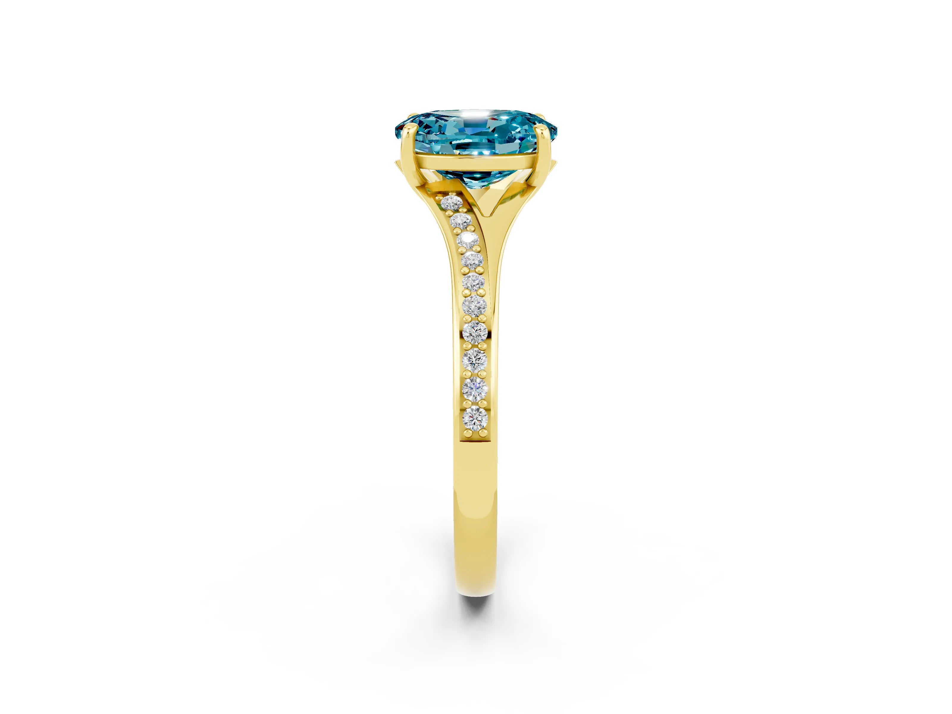 Yellow gold Oval Cut Blue Topaz Solitaire Ring with Pavé Band and Prong Setting_2