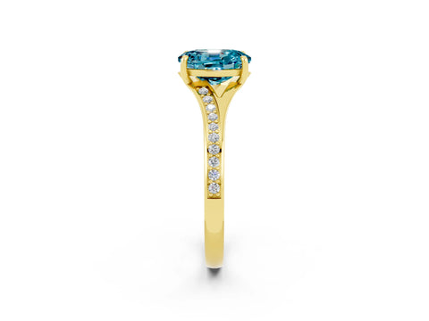 Yellow gold Oval Cut Blue Topaz Solitaire Ring with Pavé Band and Prong Setting_2