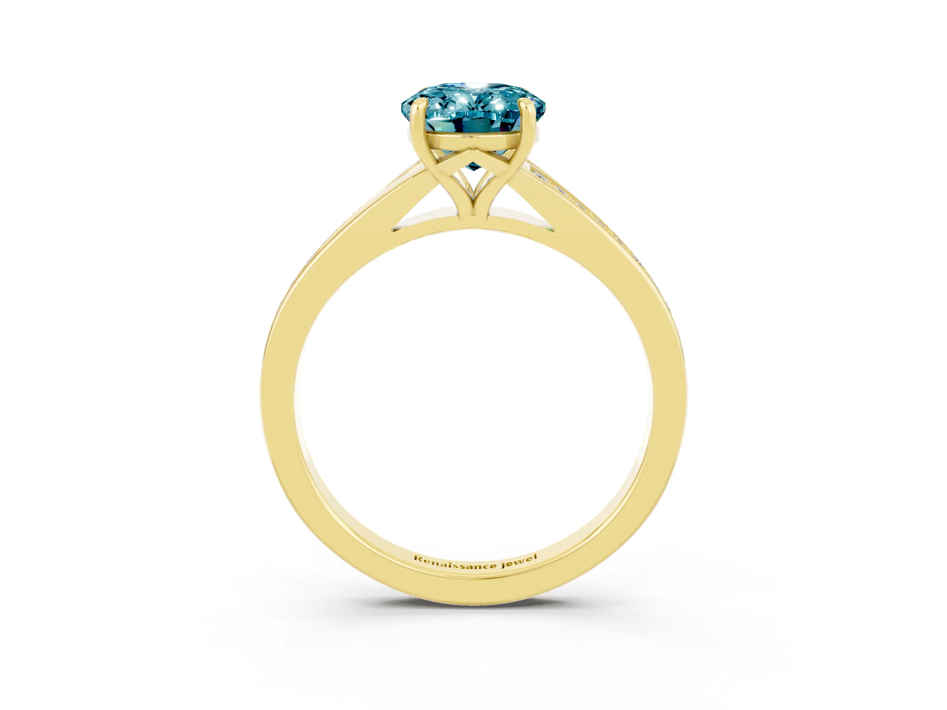 Yellow gold Oval Cut Blue Topaz Solitaire Ring with Pavé Band and Prong Setting_3