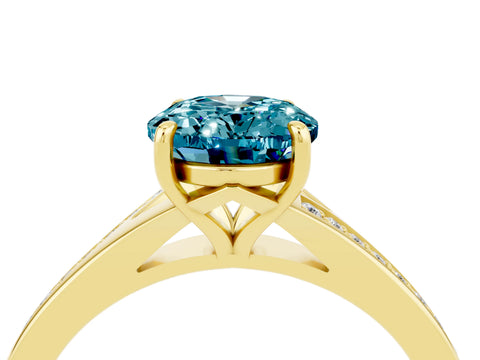 Yellow gold Oval Cut Blue Topaz Solitaire Ring with Pavé Band and Prong Setting_4