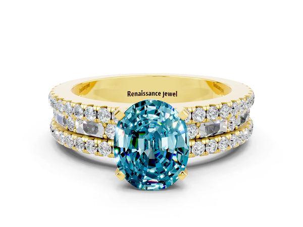 Yellow gold Oval Cut Blue Topaz Solitaire Ring with Pavé and Channel Set Band