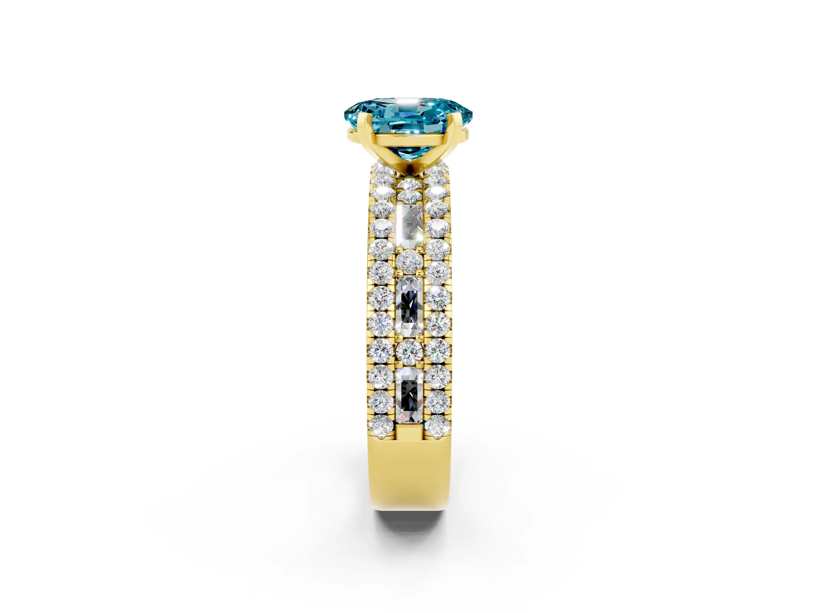 Yellow gold Oval Cut Blue Topaz Solitaire Ring with Pavé and Channel Set Band_2