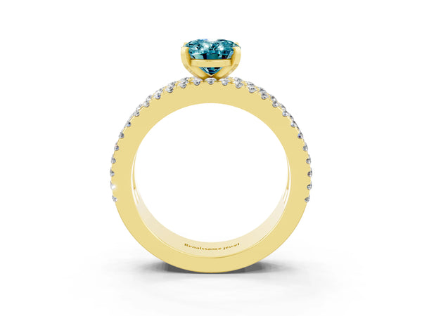 Yellow gold Oval Cut Blue Topaz Solitaire Ring with Pavé and Channel Set Band