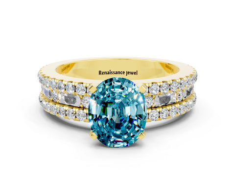 Yellow gold Oval Cut Blue Topaz Solitaire Ring with Pavé and Channel Set Band