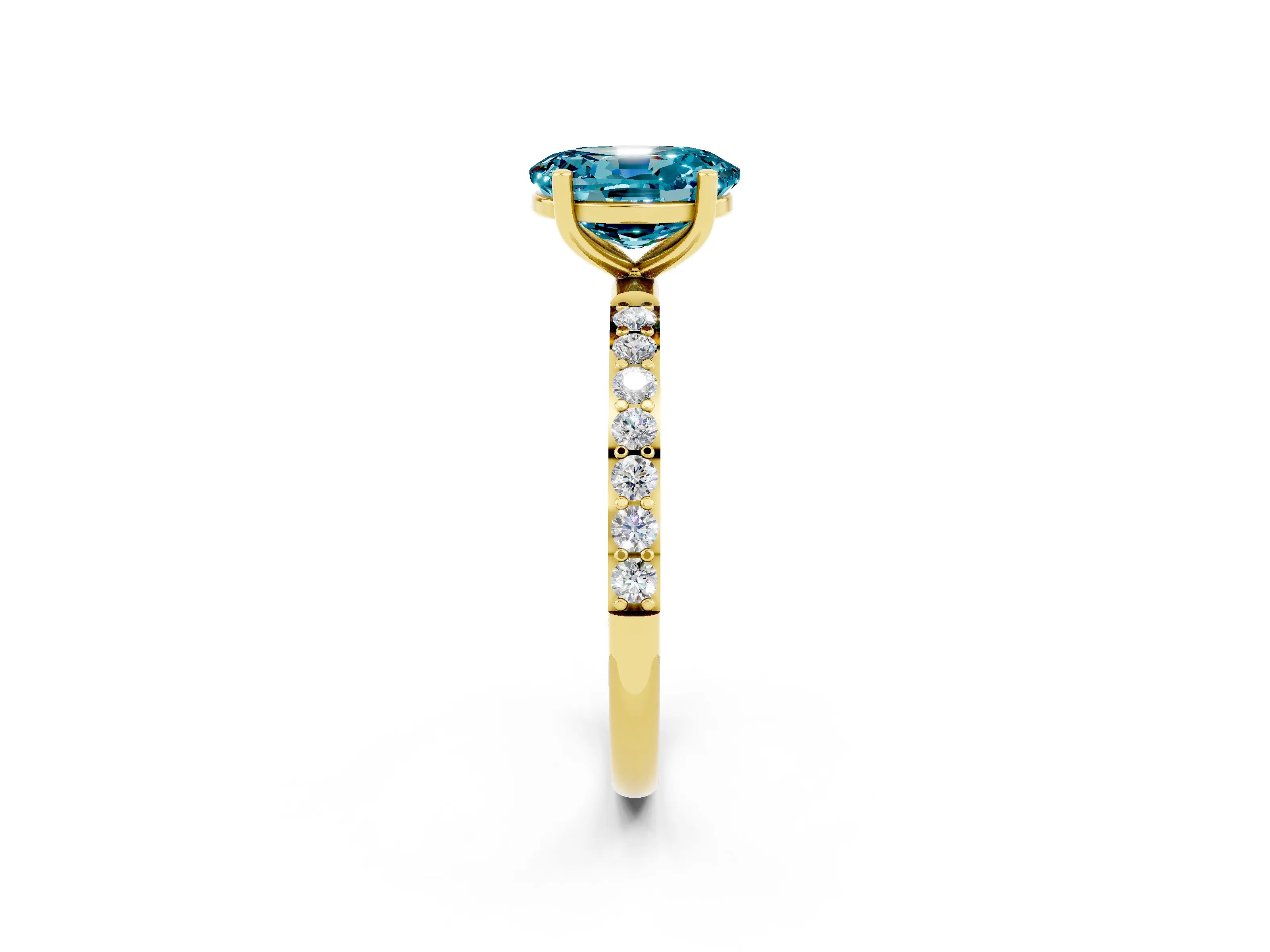 Yellow gold Oval Cut Blue Topaz Solitaire Ring with Pave Band and Four Prong Setting_2