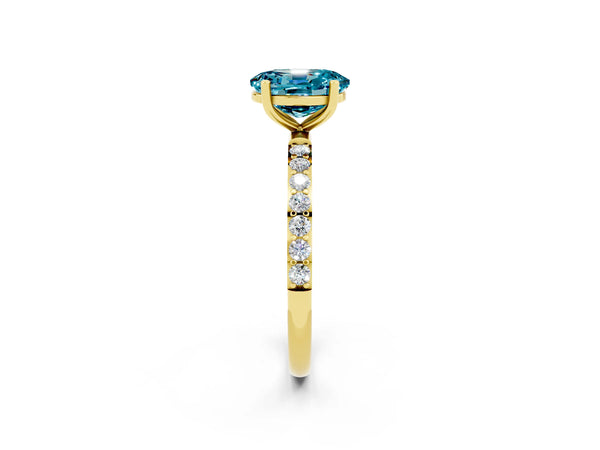 Yellow gold Oval Cut Blue Topaz Solitaire Ring with Round  Pavé Band and Prong Setting
