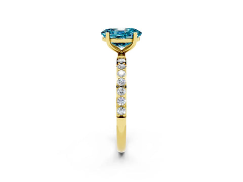 Yellow gold Oval Cut Blue Topaz Solitaire Ring with Pave Band and Four Prong Setting_2