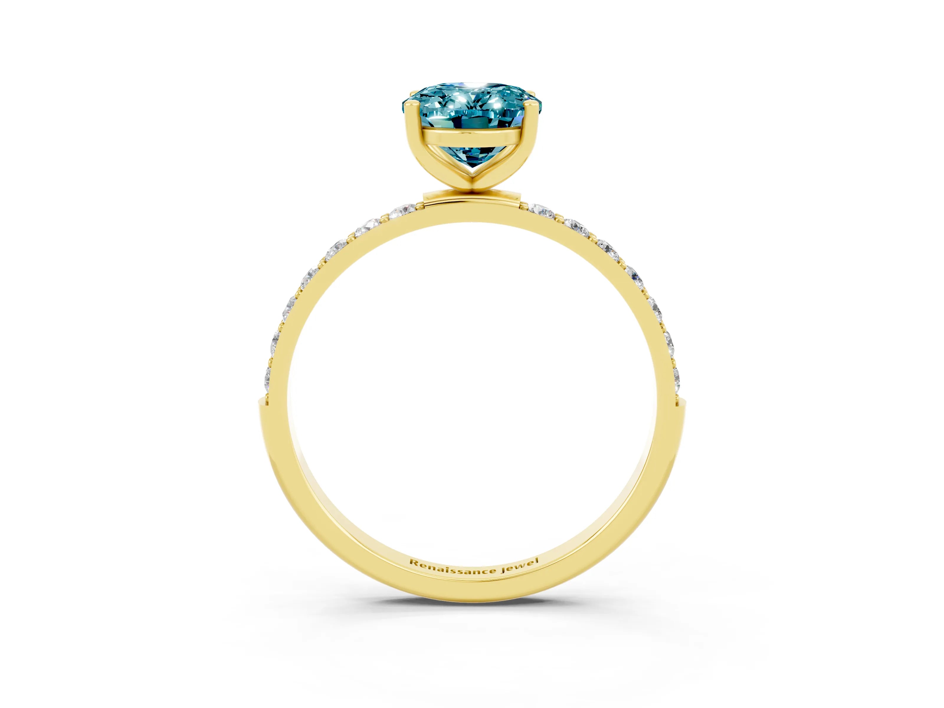 Yellow gold Oval Cut Blue Topaz Solitaire Ring with Pave Band and Four Prong Setting_3