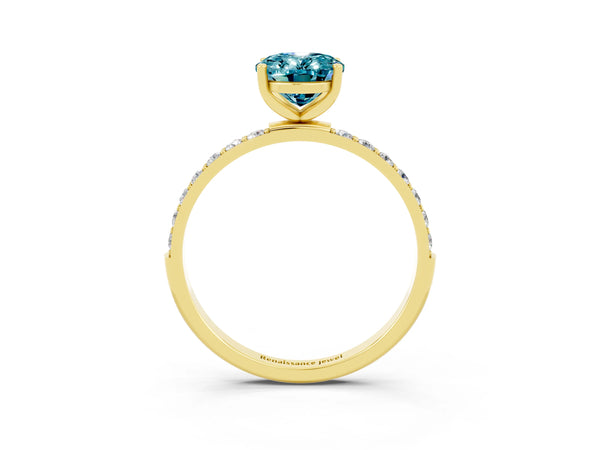 Yellow gold Oval Cut Blue Topaz Solitaire Ring with Round  Pavé Band and Prong Setting