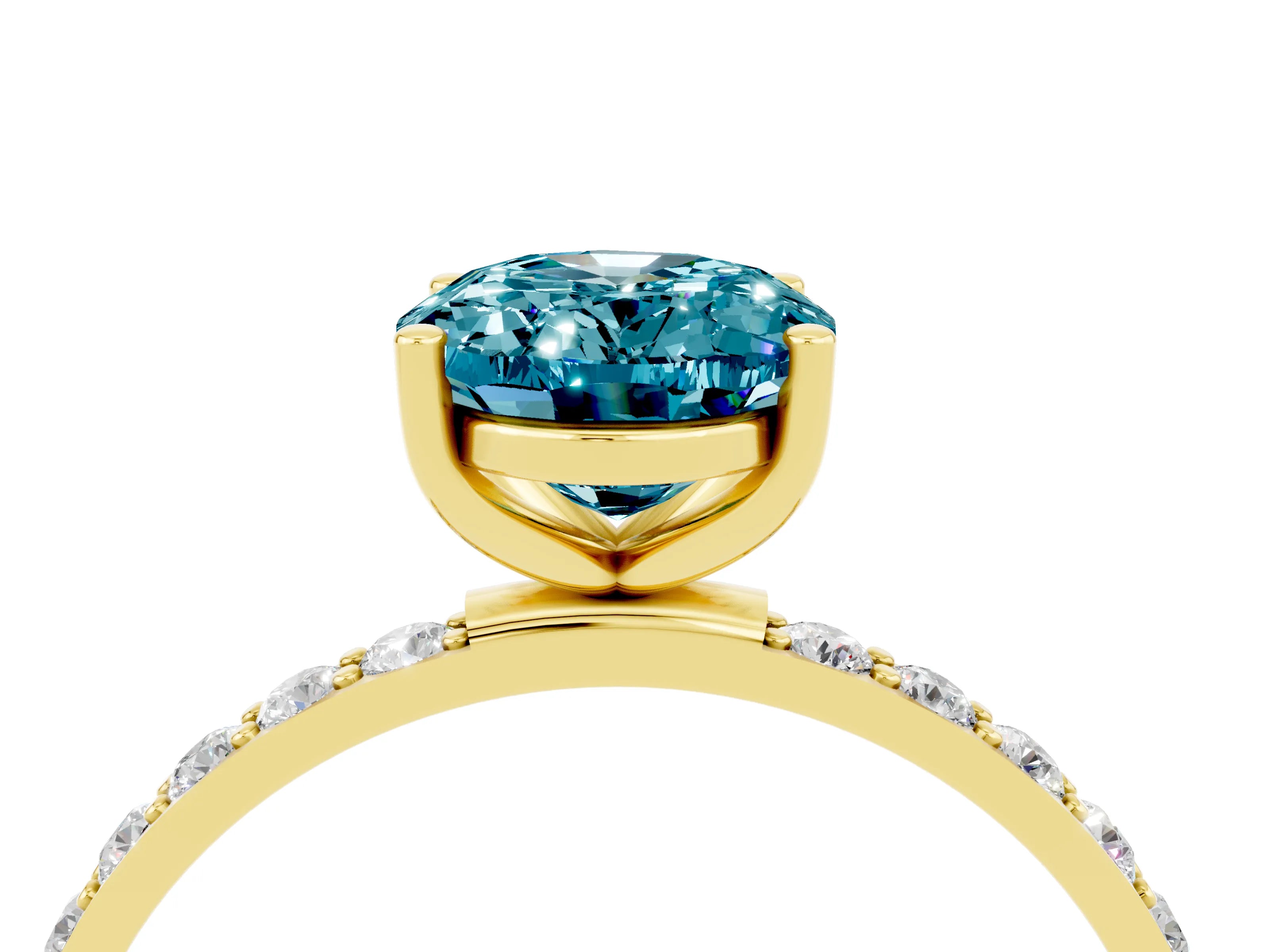 Yellow gold Oval Cut Blue Topaz Solitaire Ring with Pave Band and Four Prong Setting_4