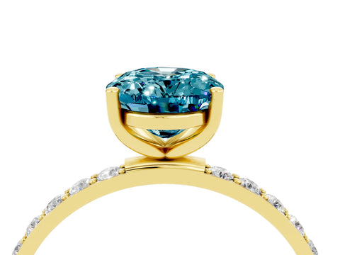Yellow gold Oval Cut Blue Topaz Solitaire Ring with Pave Band and Four Prong Setting_4