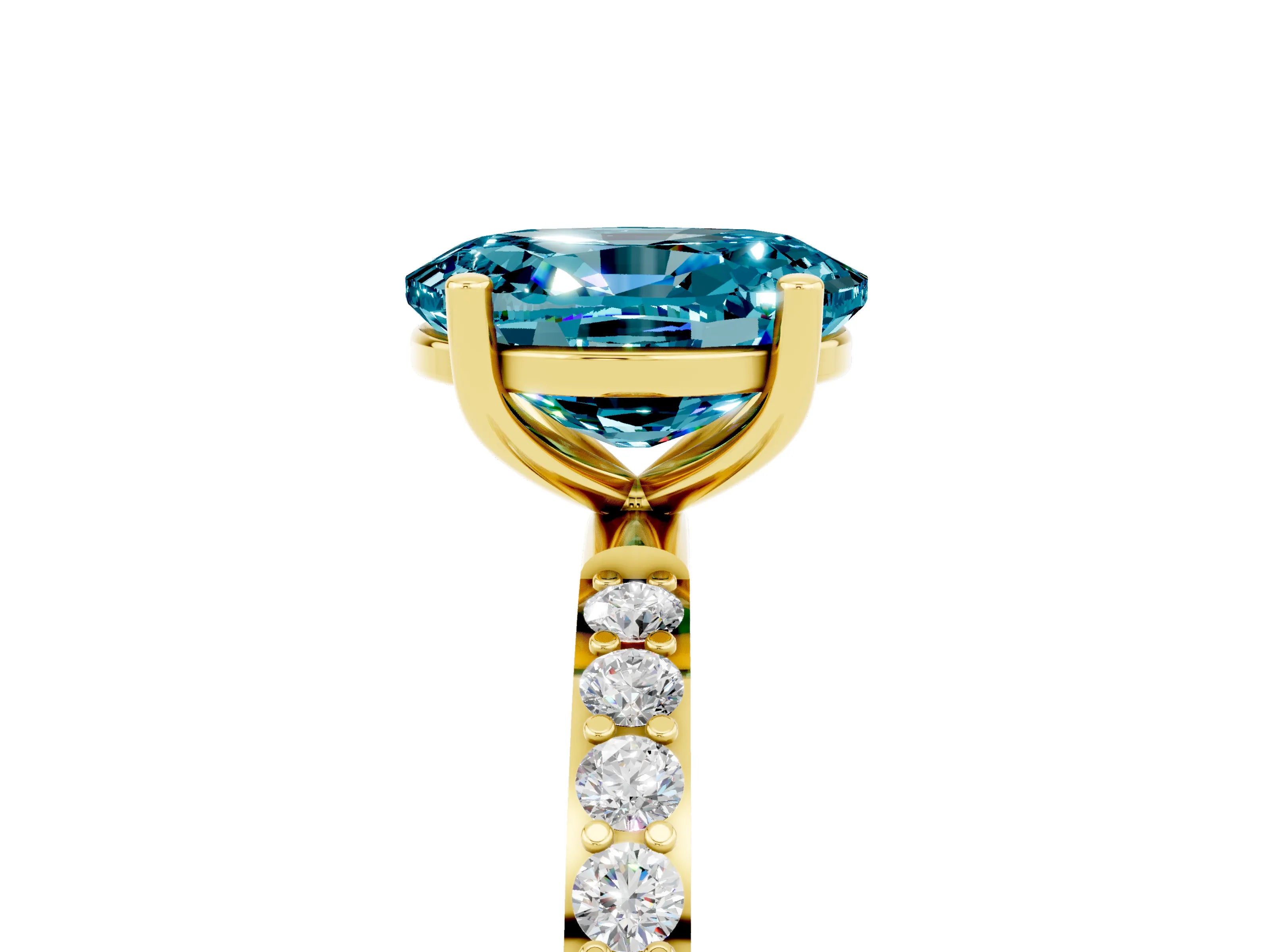 Yellow gold Oval Cut Blue Topaz Solitaire Ring with Pave Band and Four Prong Setting_5