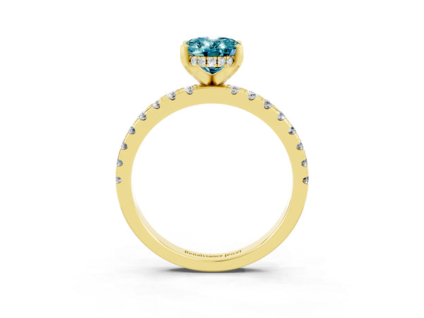 Yellow gold Oval Cut Blue Topaz Solitaire Ring with Round Pavé Band and Four-Prong Setting