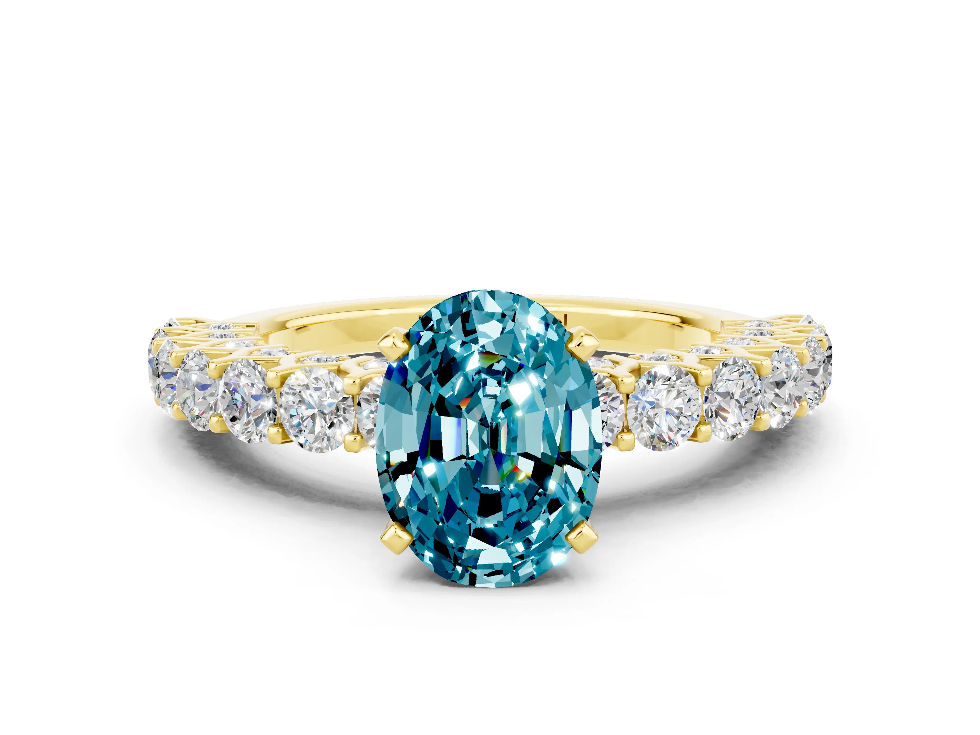 Yellow gold Oval Cut Blue Topaz Solitaire Ring with Shared Prong Pavé Band and Four-Prong Setting