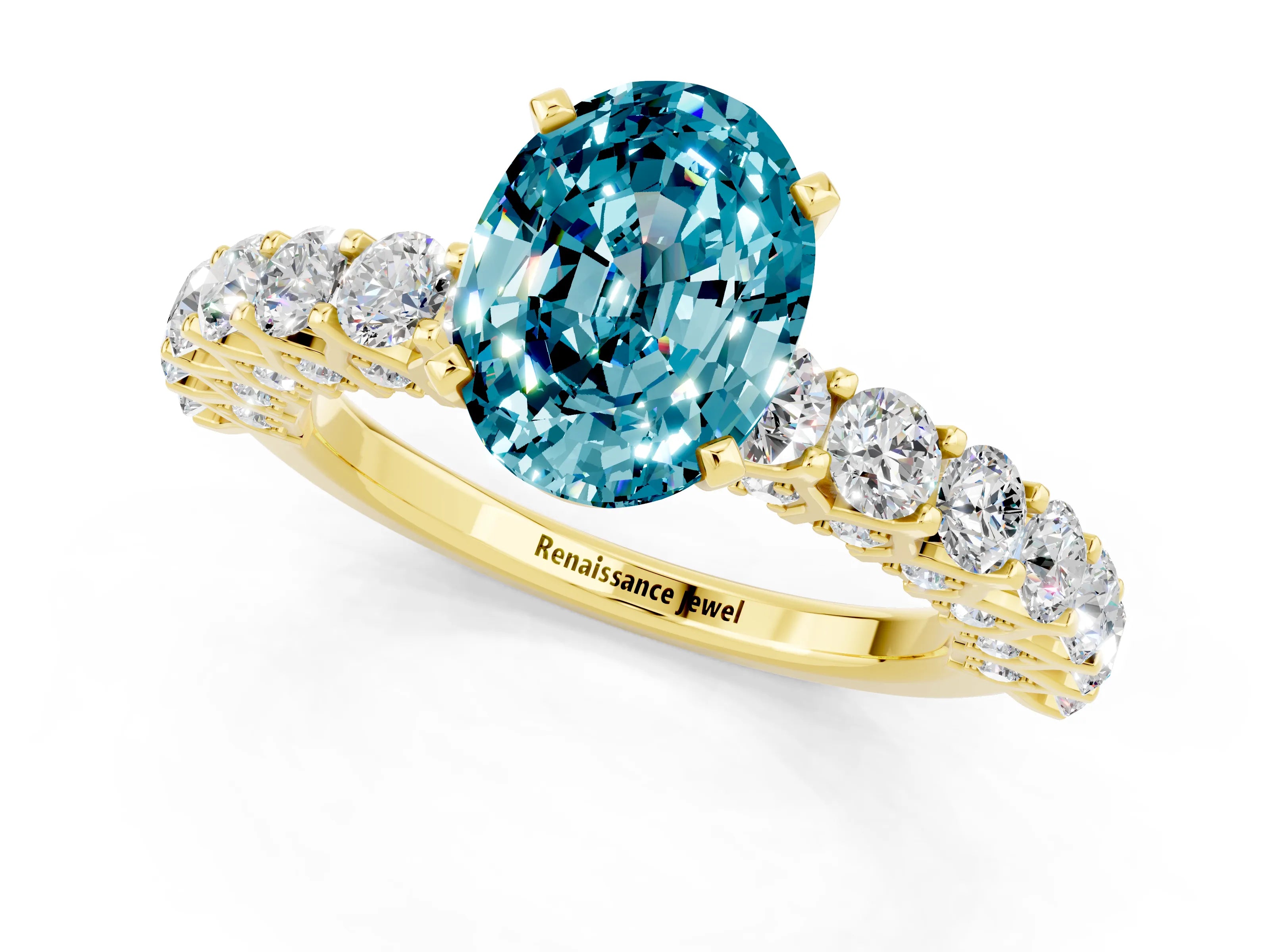Yellow gold Oval Cut Blue Topaz Solitaire Ring with Shared Prong Pavé Band and Four-Prong Setting_1