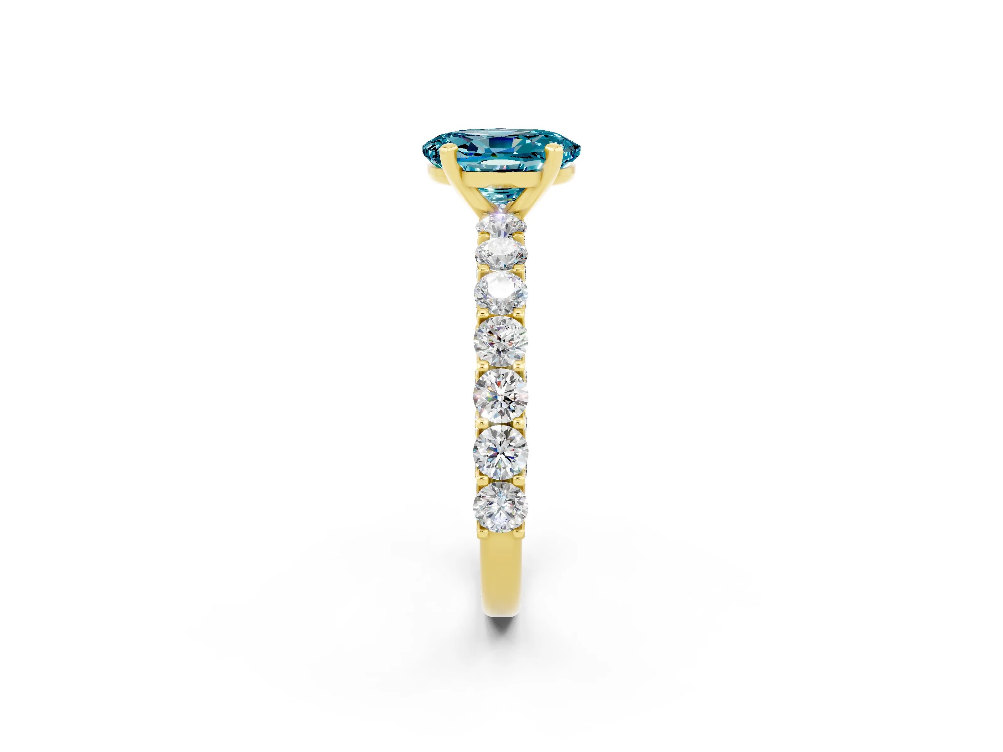 Yellow gold Oval Cut Blue Topaz Solitaire Ring with Shared Prong Pavé Band and Four-Prong Setting_2