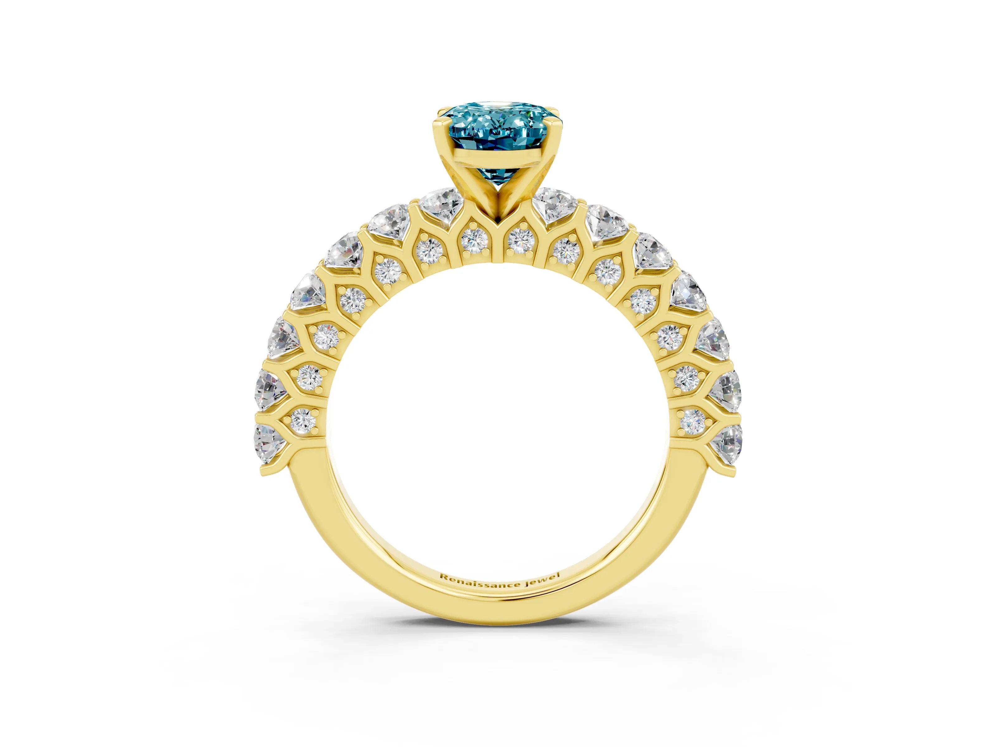 Yellow gold Oval Cut Blue Topaz Solitaire Ring with Shared Prong Pavé Band and Four-Prong Setting_3