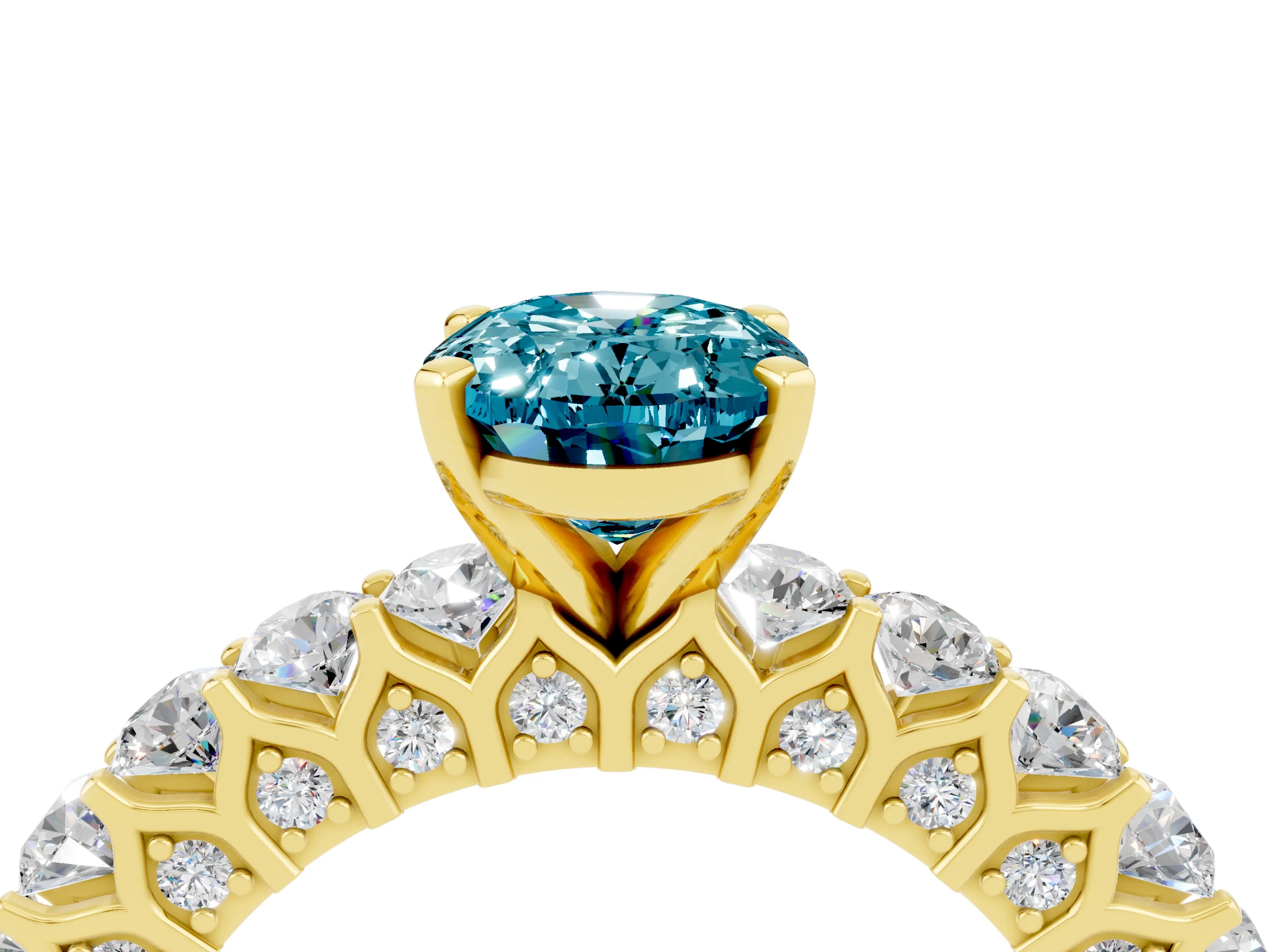 Yellow gold Oval Cut Blue Topaz Solitaire Ring with Shared Prong Pavé Band and Four-Prong Setting_4