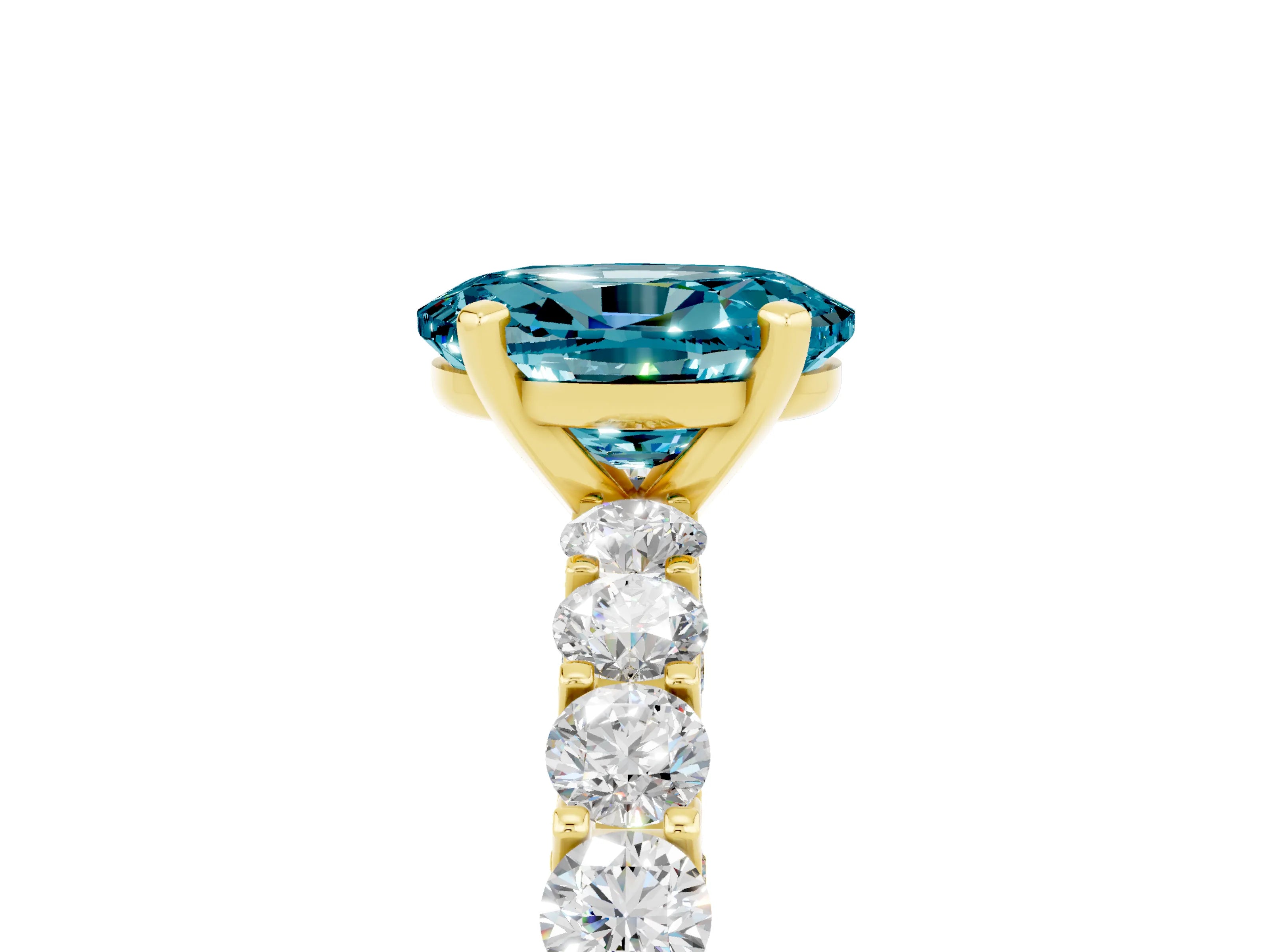 Yellow gold Oval Cut Blue Topaz Solitaire Ring with Shared Prong Pavé Band and Four-Prong Setting_5