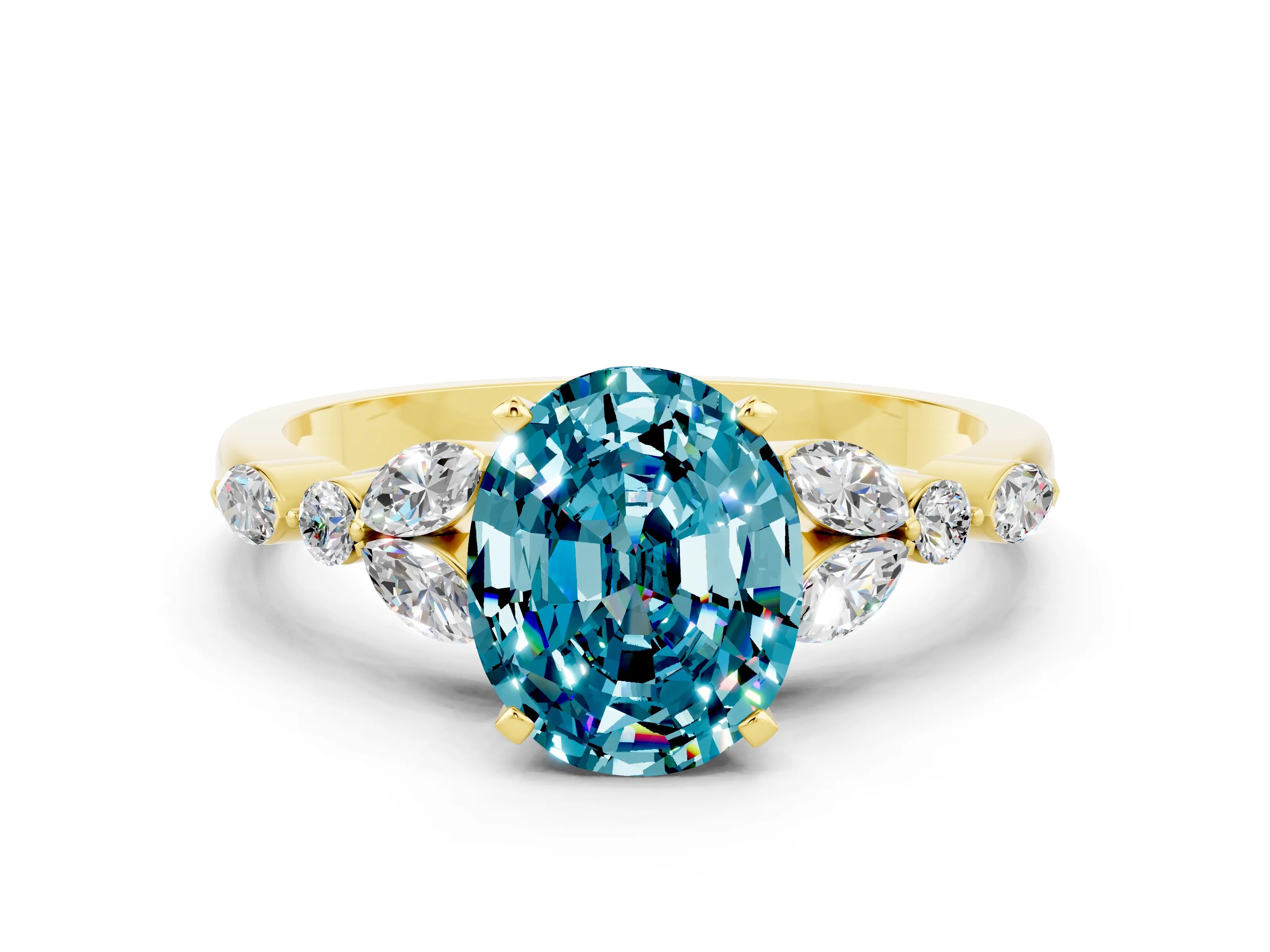 Yellow gold Oval Cut Blue Topaz Solitaire Ring with Side Stones and Four-Prong Setting_12