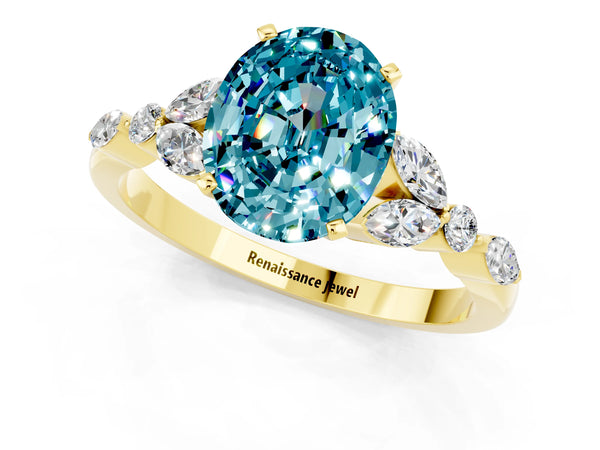 Yellow gold Oval Cut Blue Topaz Solitaire Ring with Side Stones and Four-Prong Setting