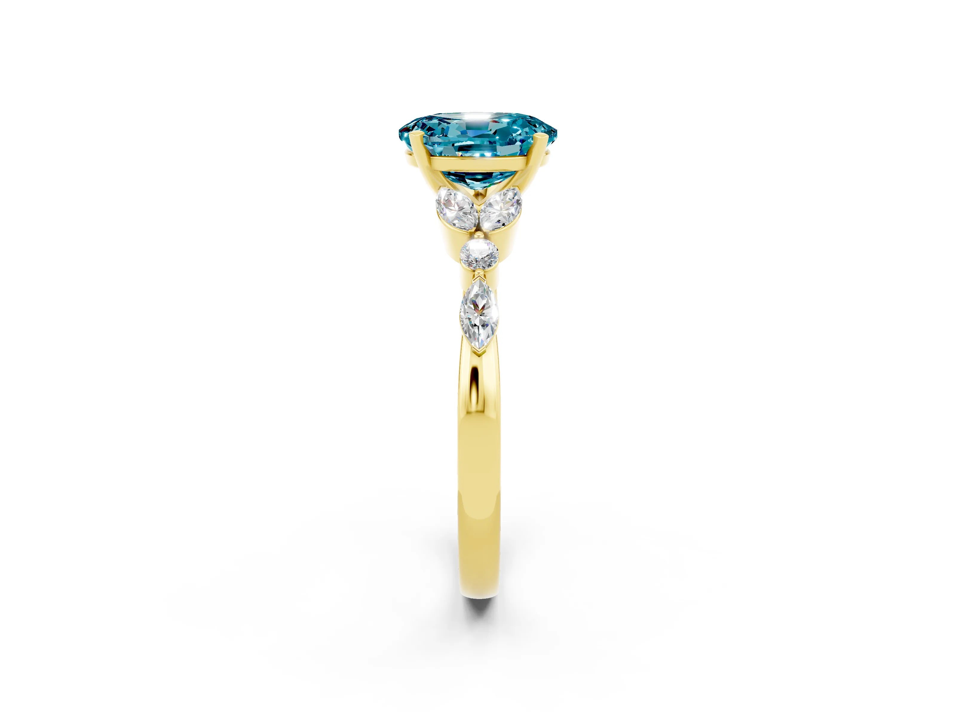 Yellow gold Oval Cut Blue Topaz Solitaire Ring with Side Stones and Four-Prong Setting_14