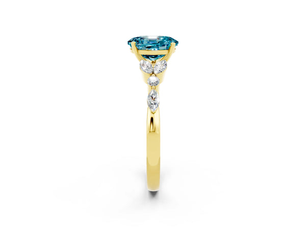Yellow gold Oval Cut Blue Topaz Solitaire Ring with Side Stones and Four-Prong Setting