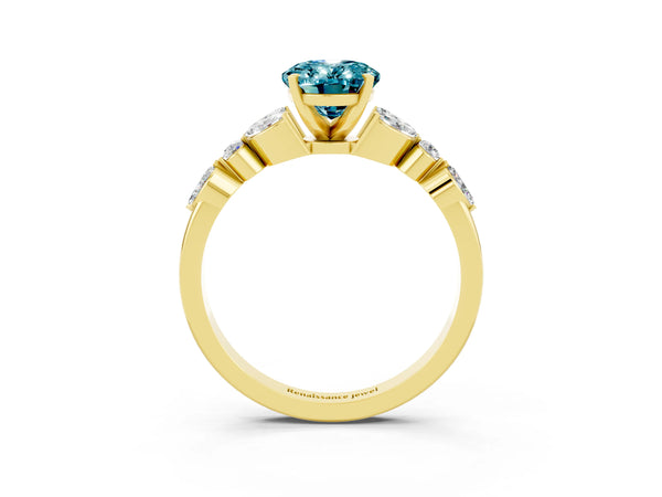 Yellow gold Oval Cut Blue Topaz Solitaire Ring with Side Stones and Four-Prong Setting