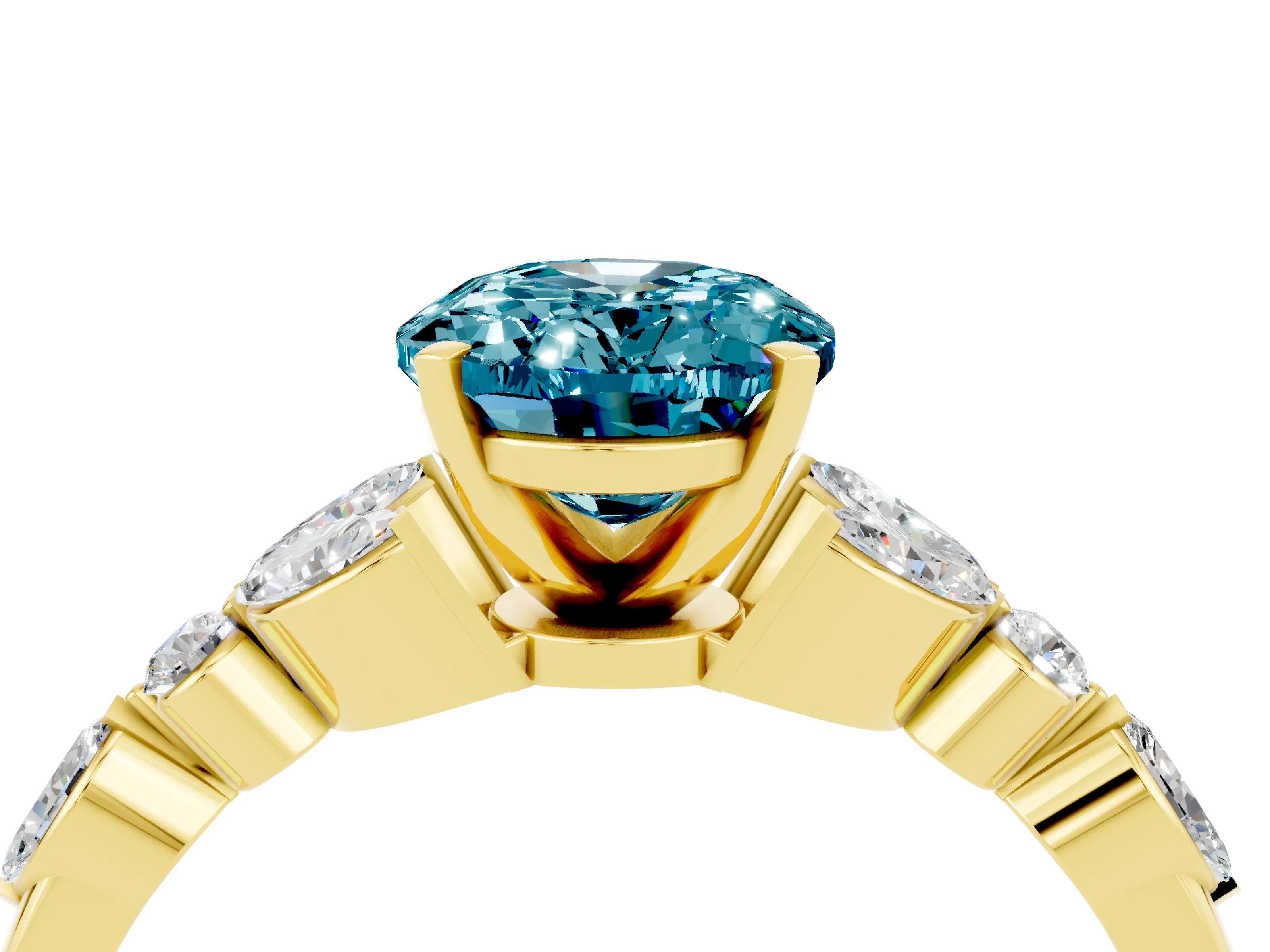 Yellow gold Oval Cut Blue Topaz Solitaire Ring with Side Stones and Four-Prong Setting_16