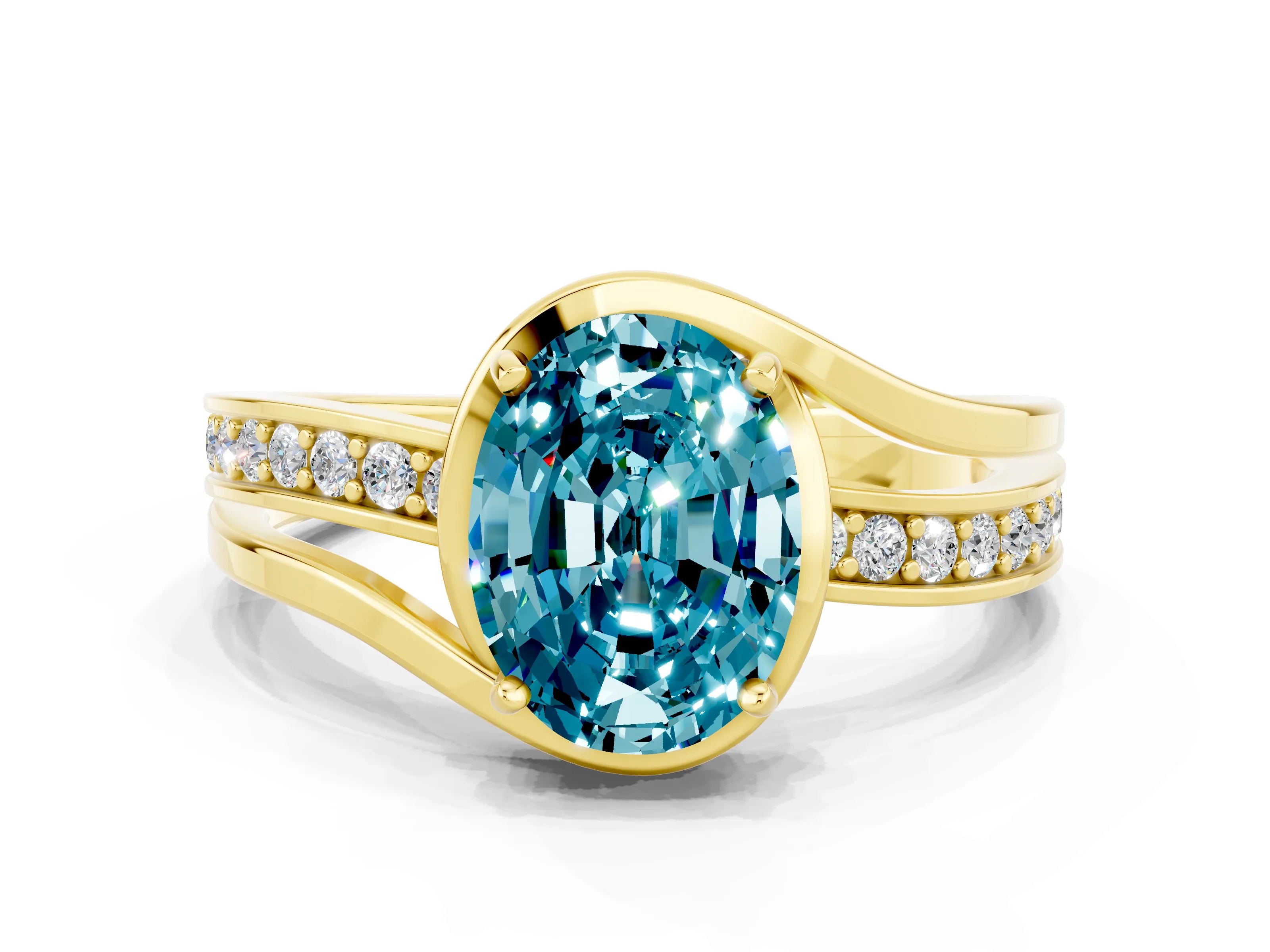 Yellow gold Oval Cut Blue Topaz Solitaire Ring with Split Shank and Prong Setting