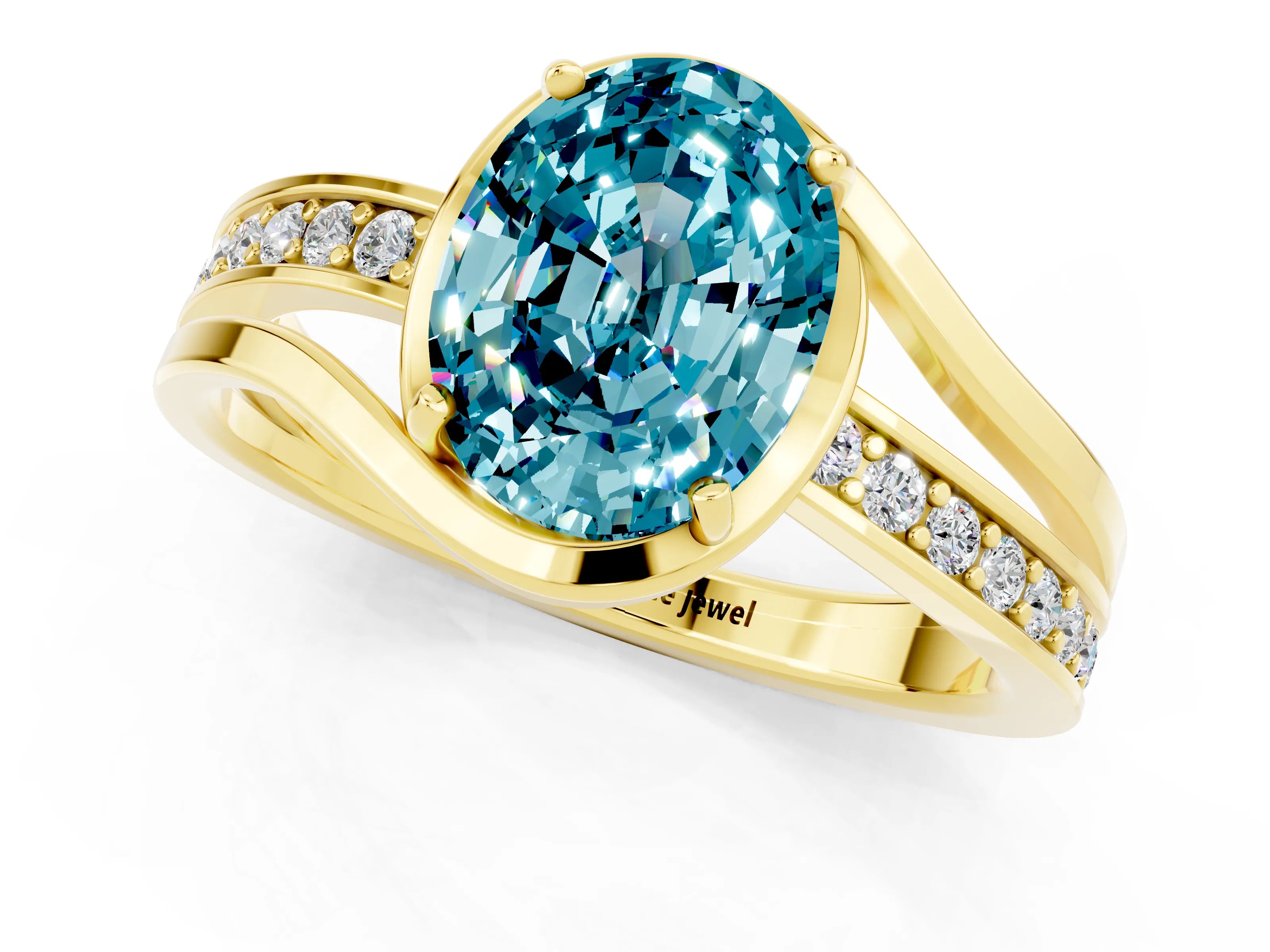 Yellow gold Oval Cut Blue Topaz Solitaire Ring with Split Shank and Prong Setting_1