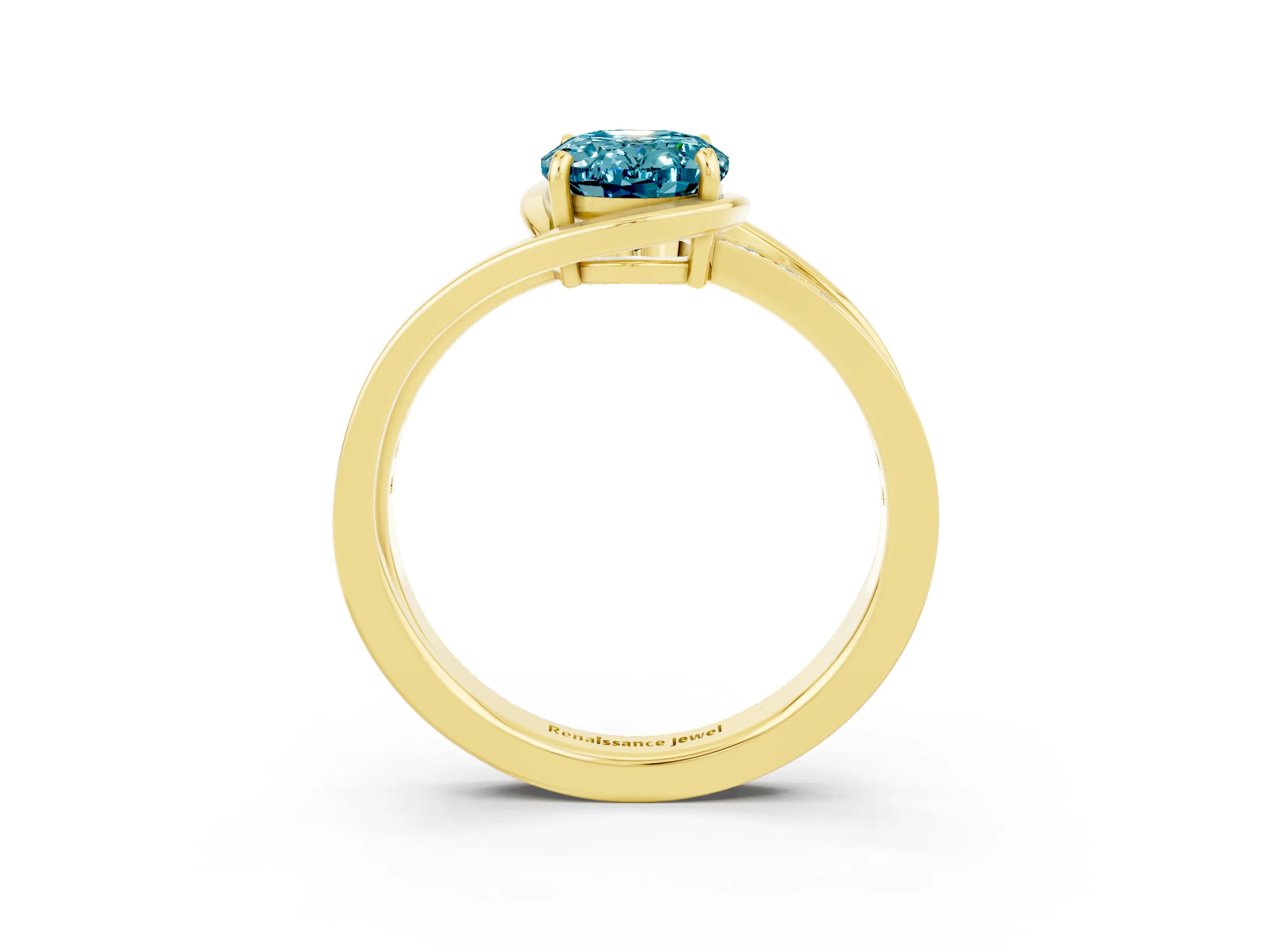Yellow gold Oval Cut Blue Topaz Solitaire Ring with Split Shank and Prong Setting_3